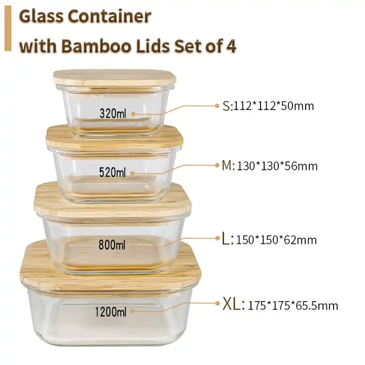 Glass Food Container With Bamboo Lids Set Of 4